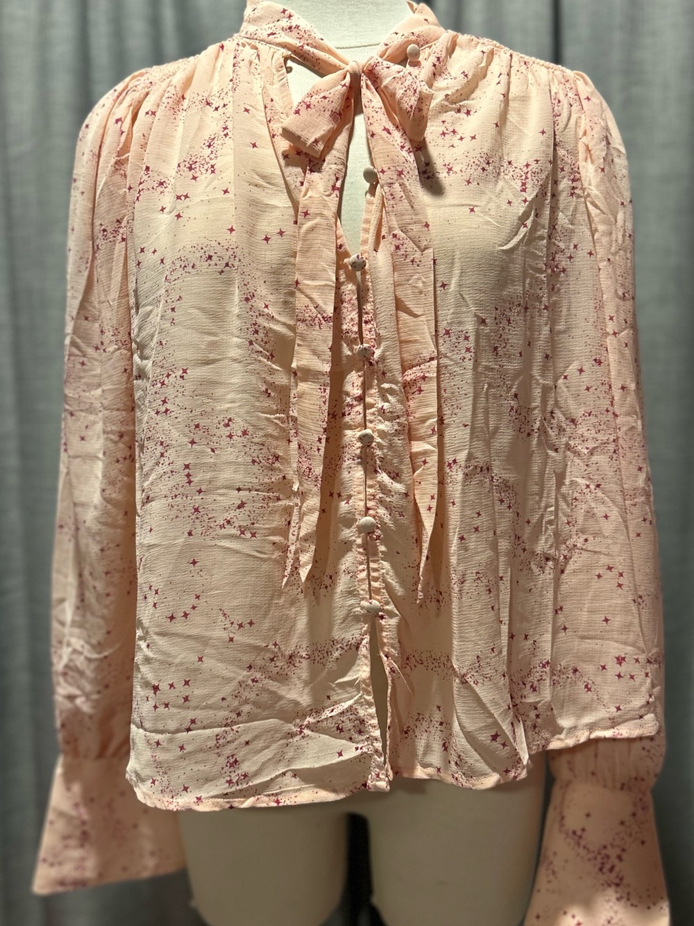 Free People Pale Blush Star Print Tie-Neck Blouse